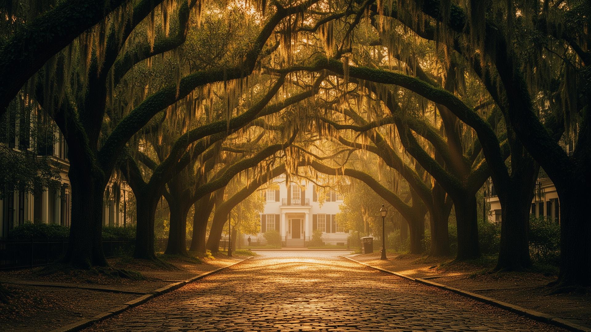 Live oaks draped in Spanish moss line a Savannah lane at golden hour