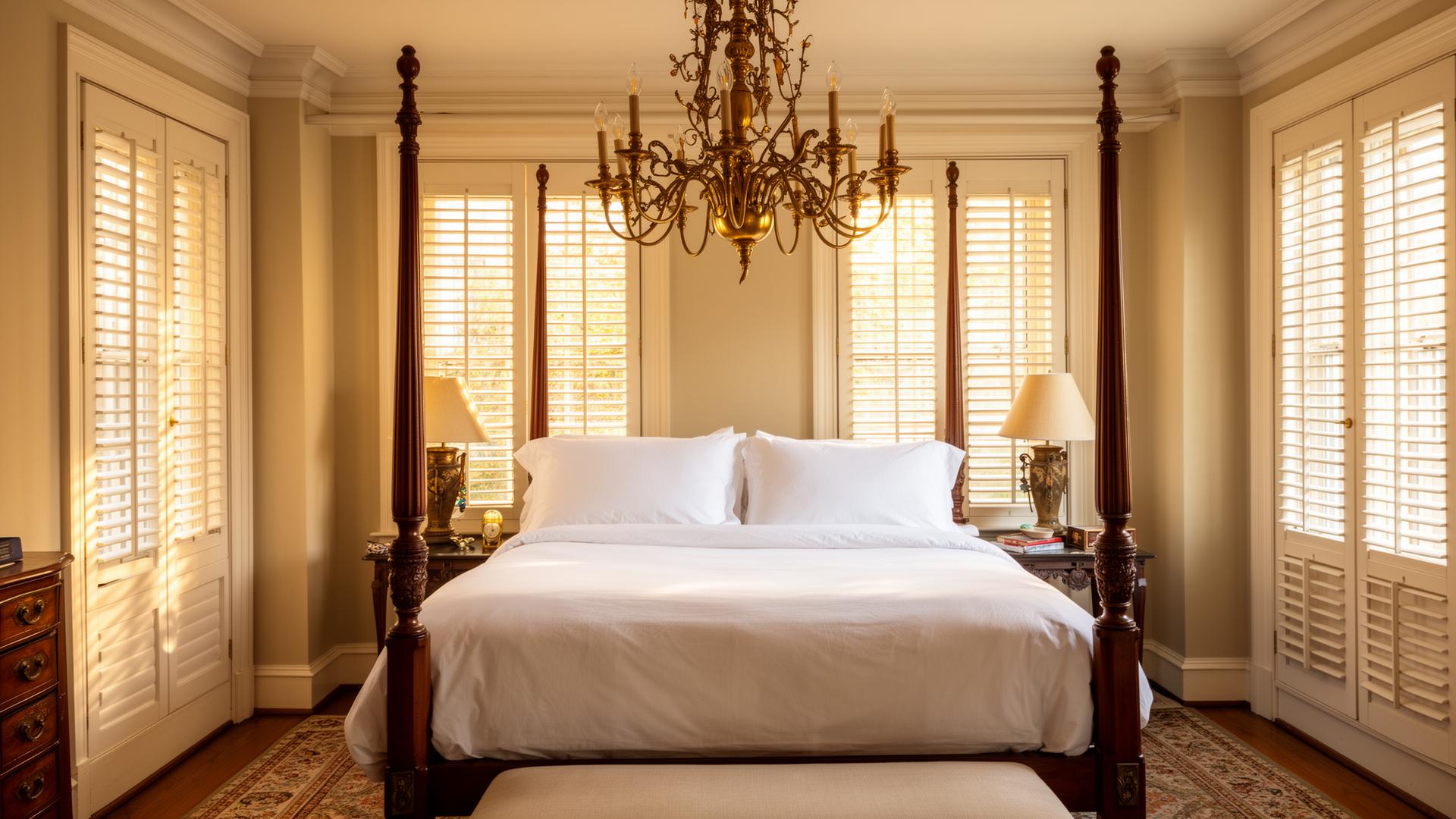 West Park Ave bedroom with antique chandelier