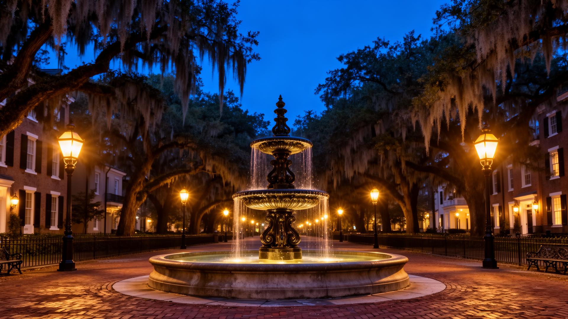 Historic Savannah square at blue hour with illuminated cast iron fountain